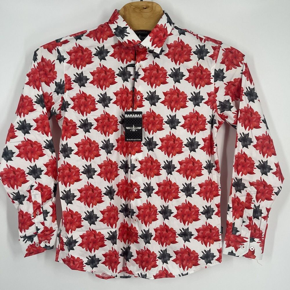 NWT Barabas Mens Large LS Luxury Slim Fit Blue Red Flowers Print Button Up Shirt
